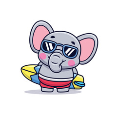 Cute Cartoon Elephant Holding Surfboard Wearing Glasses On Beach Illustration Icon Vector, Animals Holidays, Cartoon Style Flat
