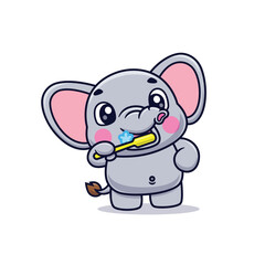 Cute Cartoon Elephant Brushing Teeth Illustration Icon Vector, Animals Healthcare, Cartoon Style Flat