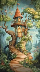Obraz premium Enchanted Treehouse Surrounded by Lush Greenery and Blossoming Flowers