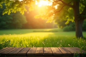 Naklejka premium Rustic Wooden Tabletop Overlooking a Serene Meadow Landscape Bathed in Warm Sunset Light with Bokeh, Ideal for Product Presentation or Nature Background.