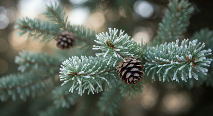 Frosted Fir Branch: Winter's Embrace with Pinecones, Nature's Beauty, Christmas Decor, Evergreen Serenity