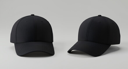 Sleek Black Baseball Caps: Premium Mockup for Branding & Design. Perfect for Custom Logos & Apparel. Stylish Headwear Photography.