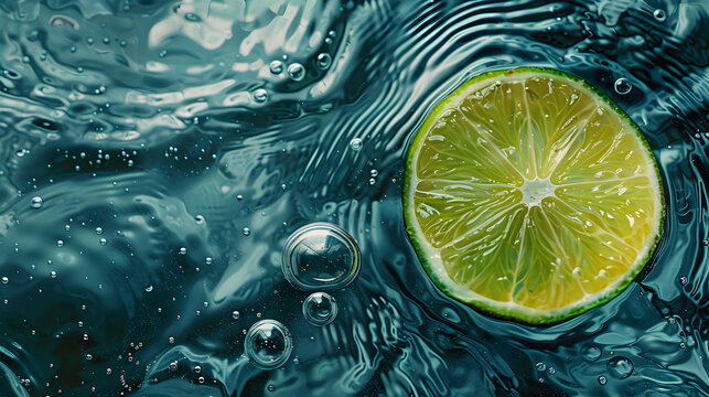 A close-up of a fresh lime slice in a drink on a dark background of large drops of water with space for text,macro photography of a lemon slice 