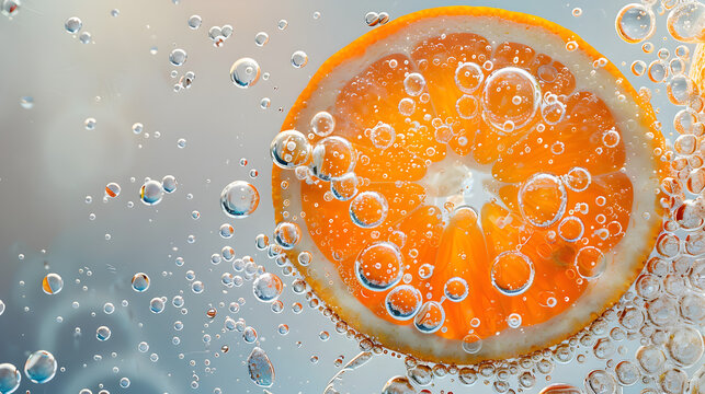 A close-up of a fresh orange slice in a drink on a light background of large drops of water with space for text