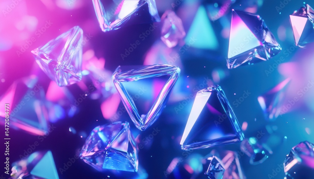 Aufkleber floating neon triangles and crystals abstract background
