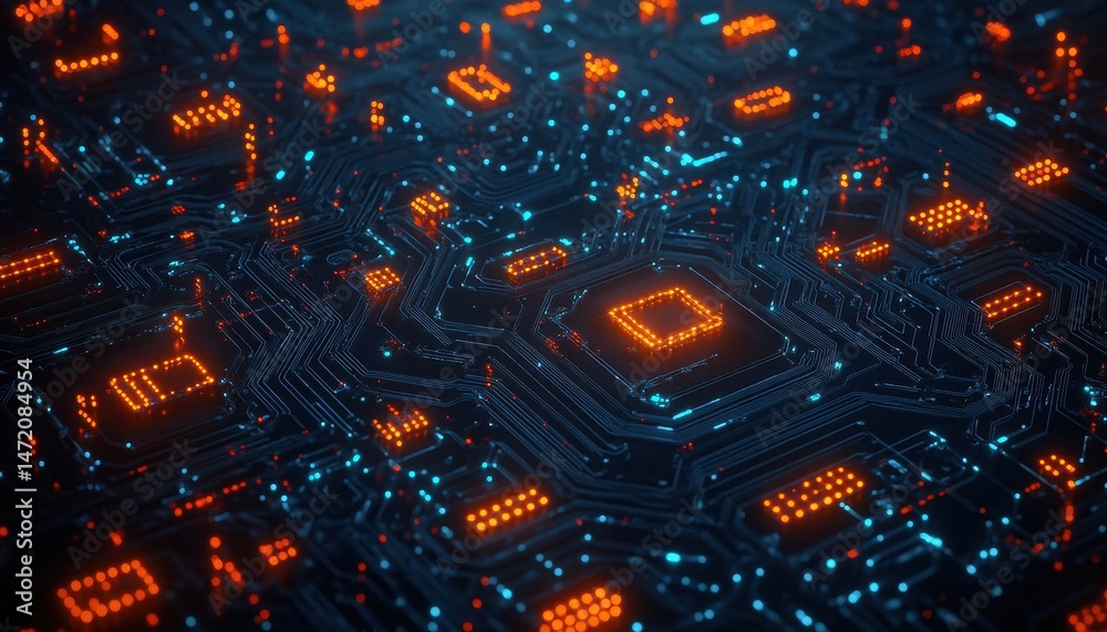 Poster glowing orange and blue circuit board abstract technology background