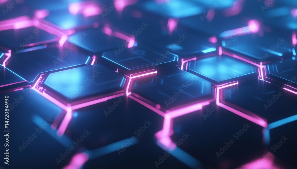 Poster Glowing Pink and Blue Hexagon Pattern Abstract Technology Background