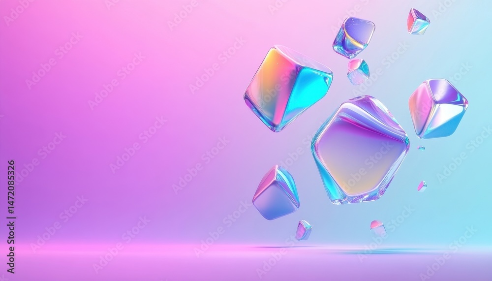 Poster holographic cubes floating on pink and purple gradient background