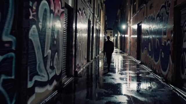 Silhouette of a lone figure walking through a dimly lit alley with wet pavement and vibrant graffiti covered walls, creating an eerie and mysterious atmosphere