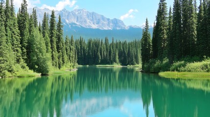 Serene Mountain Lake with Evergreen Trees Reflection