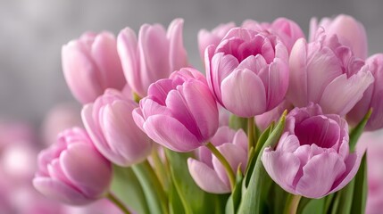 Fototapeta premium Beautiful pink tulips in a delicate arrangement. Happy Mother’s Day Floral Greeting Card