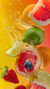 Fresh fruits and berries with splashes of water close-up on a colorful background, summer fresh berry banner