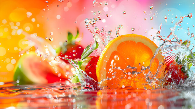 Fresh fruits and berries with splashes of water close-up on a colorful background, summer fresh berry banner