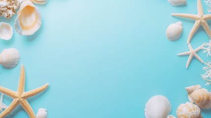 Obraz premium Seashells and starfish on a light blue background