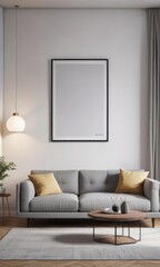 Grey couch, white wall, stylish posters, pillows,  elegant,  minimalist, grey couch