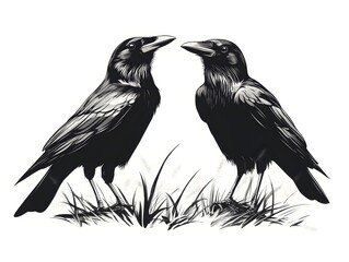 Fototapeta premium Two majestic black crows face each other in detailed graphic illustration perched on short grass against a stark white background.