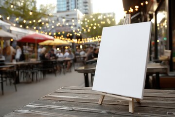 Fototapeta premium Blank canvas on an easel sits on a wooden table in a lively outdoor cafe with string lights and people in the background.