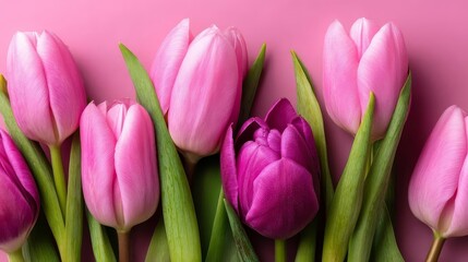 Colorful tulips on a pink background. Happy Mother’s Day Floral Greeting Card