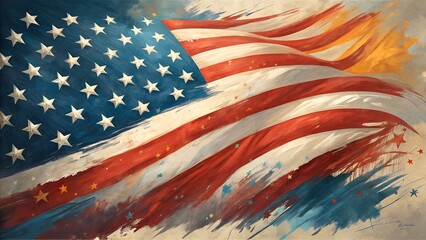 Patriotic American Flag with Vibrant Stars and Stripes in a Dynamic Painted Style on a Textured Canvas for National Pride Celebration.