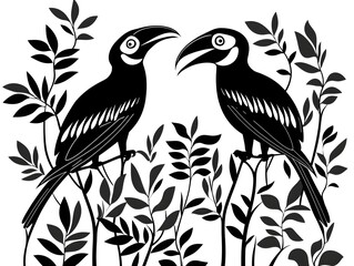 Naklejka premium Two elegant toucans perched amidst lush foliage create a striking black and white illustration perfect for nature-themed designs.