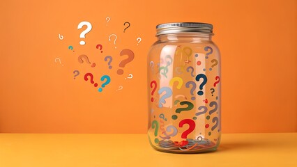 Creative Glass Jar Filled with Colorful Question Mark Letters Against a Vibrant Orange Background for Curiosity and Learning Concepts.
