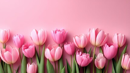 Fototapeta premium Vibrant pink tulips against a soft pink background. Happy Mother’s Day Floral Greeting Card