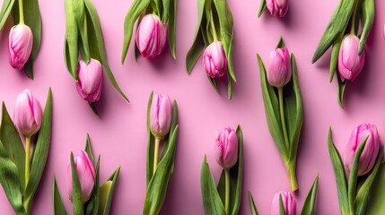 Obraz premium Vibrant pink tulips arranged on a pink background. Happy Mother’s Day Floral Greeting Card