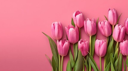 Fototapeta premium Vibrant pink tulips on a pink background. Happy Mother’s Day Floral Greeting Card