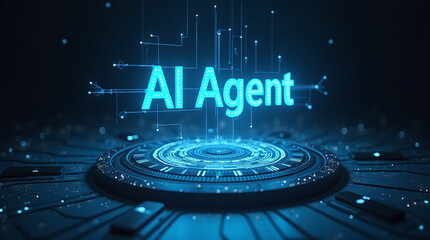 Photorealistic futuristic scene: A glowing blue holographic display showing "AI Agent" text floats above a complex circular digital platform with circuit patterns and light trails. Dark background.