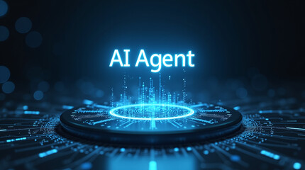Photorealistic futuristic scene: A glowing blue holographic display showing "AI Agent" text floats above a complex circular digital platform with circuit patterns and light trails. Dark background.