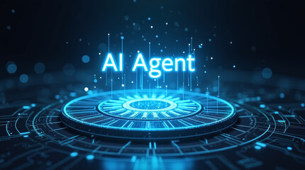 Photorealistic futuristic scene: A glowing blue holographic display showing "AI Agent" text floats above a complex circular digital platform with circuit patterns and light trails. Dark background.