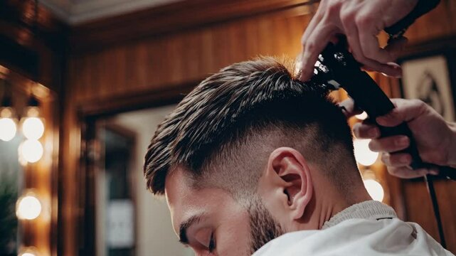 Professional barber using electric clipper, trimming client's hair in vintage barbershop with classic styling techniques
