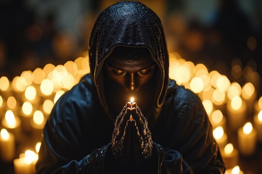 Mysterious hooded figure in candlelit setting with hands clasped in prayer at night