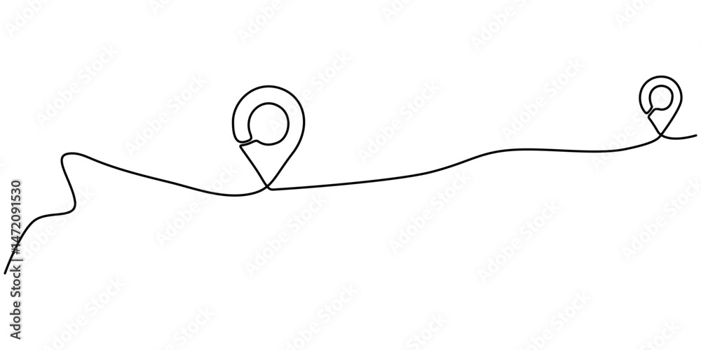 Poster Continuous one line drawing of path and location pointers pin road icon journey marker vector illustration, Minimalist design of a location pin seamlessly connected to a wavy line, symbolizing GPS. 