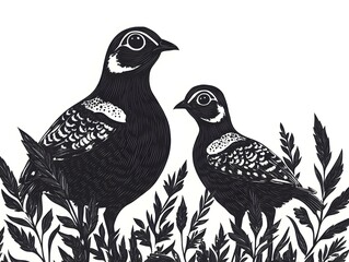 A pair of elegant black and white partridges led amongst stylized foliage creates a striking linocut illustration.