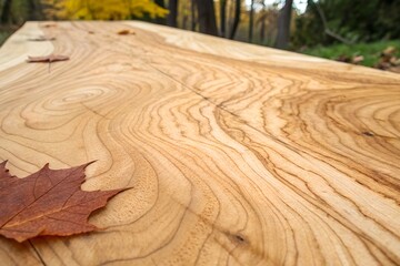 Closeup of a Natural Wood Grain Table Top with Autumn Leaf