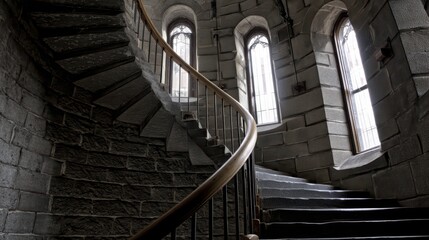 Fototapeta premium Gothic stone spiral staircase with intricate carvings and dramatic lighting in historic architectural setting.