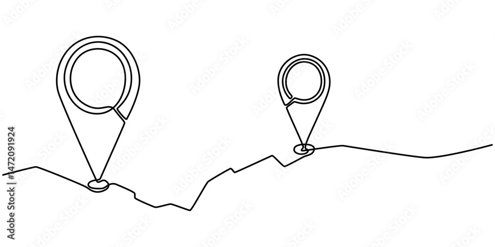 Aufkleber Continuous one line drawing of path and location pointers pin road icon journey marker vector illustration, Minimalist design of a location pin seamlessly connected to a wavy line, symbolizing GPS. 