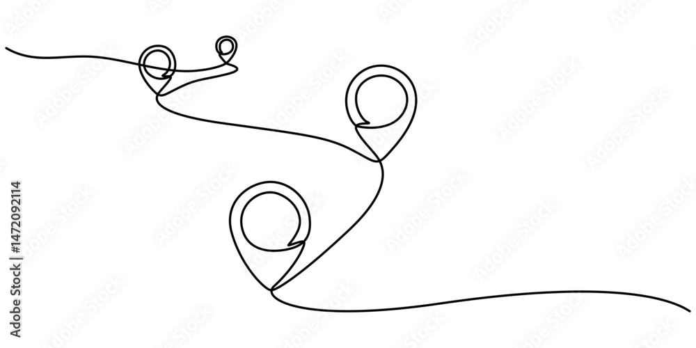 Aufkleber Continuous one line drawing of path and location pointers pin road icon journey marker vector illustration, Minimalist design of a location pin seamlessly connected to a wavy line, symbolizing GPS. 