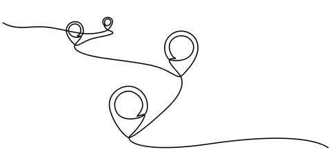 Continuous one line drawing of path and location pointers pin road icon journey marker vector illustration, Minimalist design of a location pin seamlessly connected to a wavy line, symbolizing GPS. 
