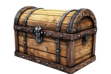 Wooden pirate chest with metal bands on transparent background