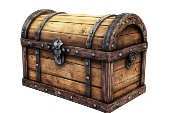 Wooden pirate chest with metal bands on transparent background
