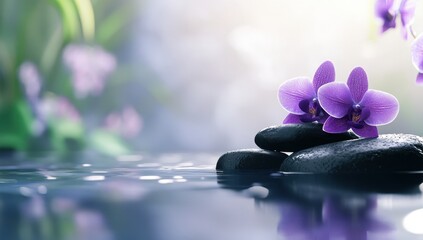 Peaceful spa scene with purple orchids on smooth stones in water