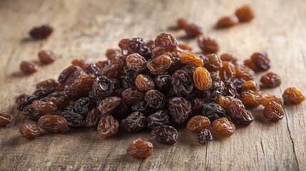Obraz premium Close up view of dried raisins on a wooden surface