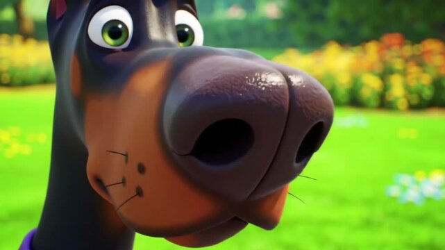 Doberman cartoon in blooming garden. Suitable for pet products, gardening, animal illustrations, springthemed designs, and childrens products.