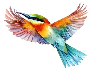 Fototapeta premium A vibrant watercolor painting depicts a colorful bee-eater bird in flight with wings outstretched against a white background.