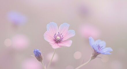Fototapeta premium Delicate wildflower close-up with pastel color tones and empty space