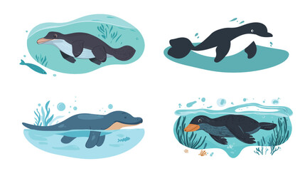 Fototapeta premium Giant platypus swimming in the ocean, stylized vector graphic design showing a large unique aquatic mammal with bill and webbed feet, set against blue water background