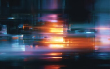 Abstract digital cityscape with vibrant light streaks.