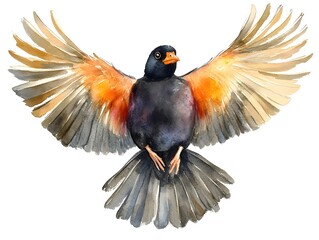 Fototapeta premium A vibrant watercolor painting depicts a bird in flight with wings outstretched showcasing detailed feathers and colors.